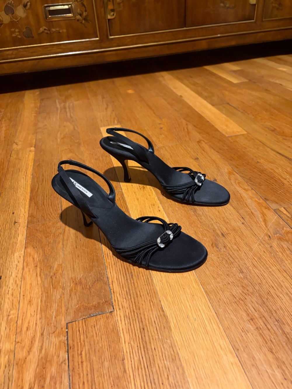 Elegant Anne Klein Black Slingback Heeled Sandals with Rhinestone Accent
